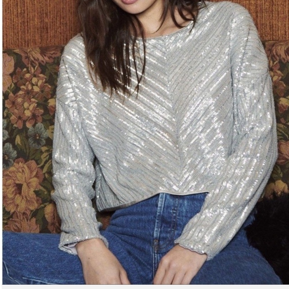 Saylor Womens Silver Sequin Chevron Long Sleeve Cropped Top Size S Back Zip